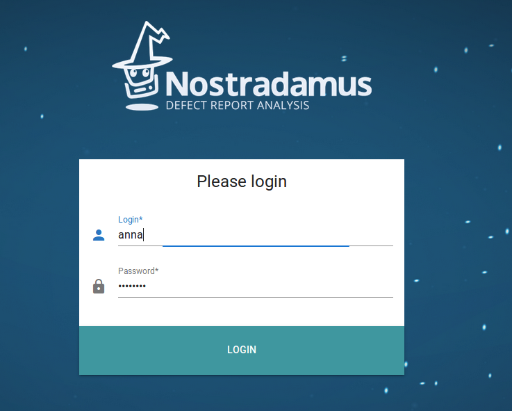 Machine Learning Applied to Defect Report Analysis - Nostradamus login page  